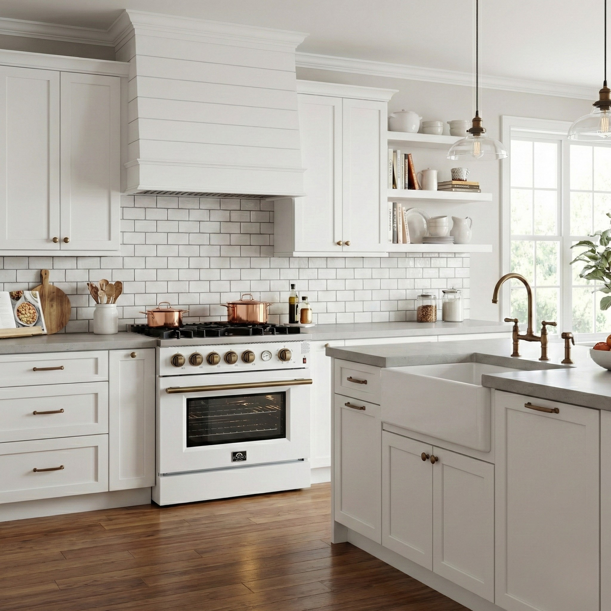 Forno Giovanni 30-Inch Gas Range, 4.32 cu ft Oven, 5 Sealed Burners, White with Antique Brass Accents (Model FFSGS6274-30WHT)