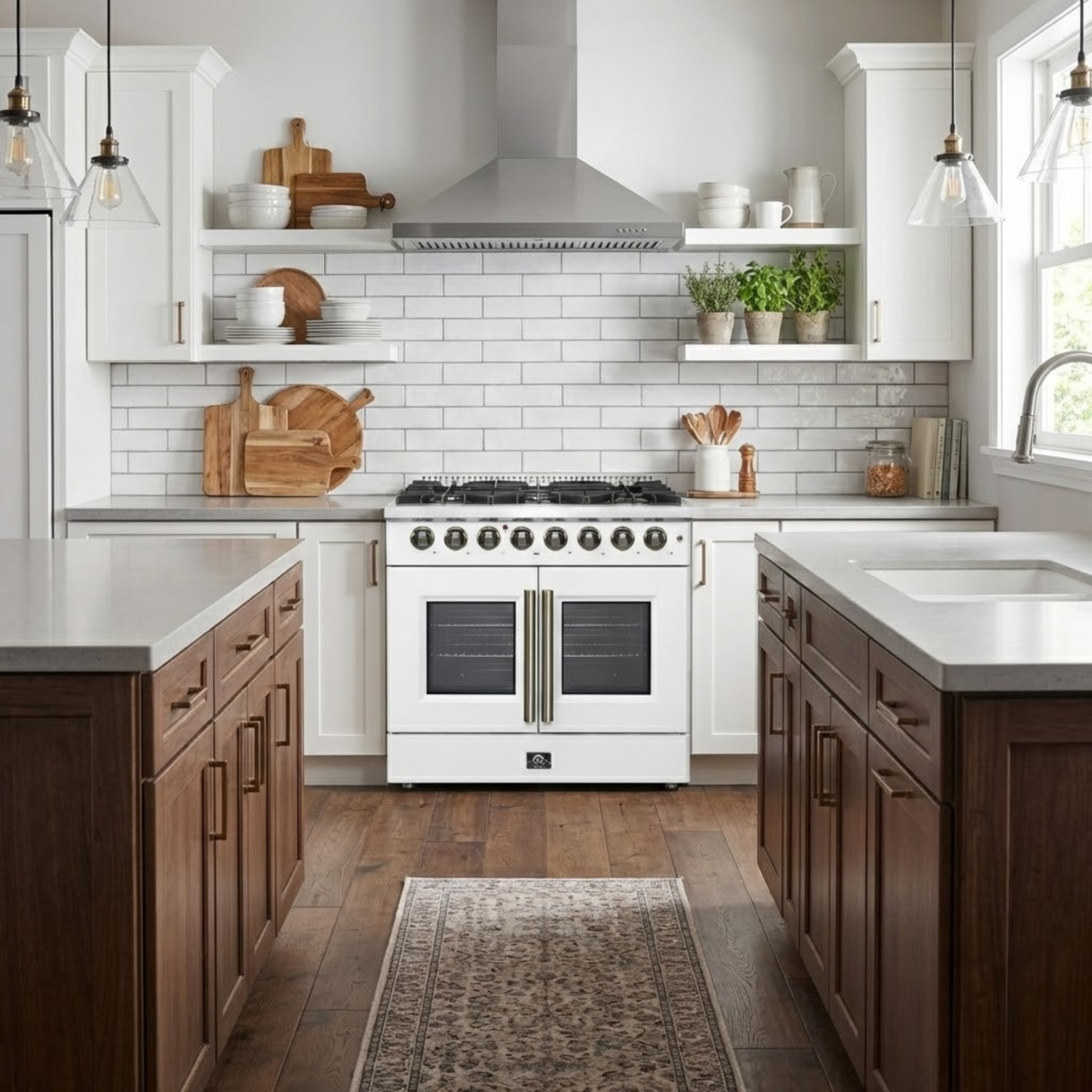 FORNO Galiano 36-Inch Dual Fuel Range, 5.36 cu. ft. French Door Oven, 6 Sealed Burners, White with Antique Brass Accents (Model FFSGS6356-36WHT)
