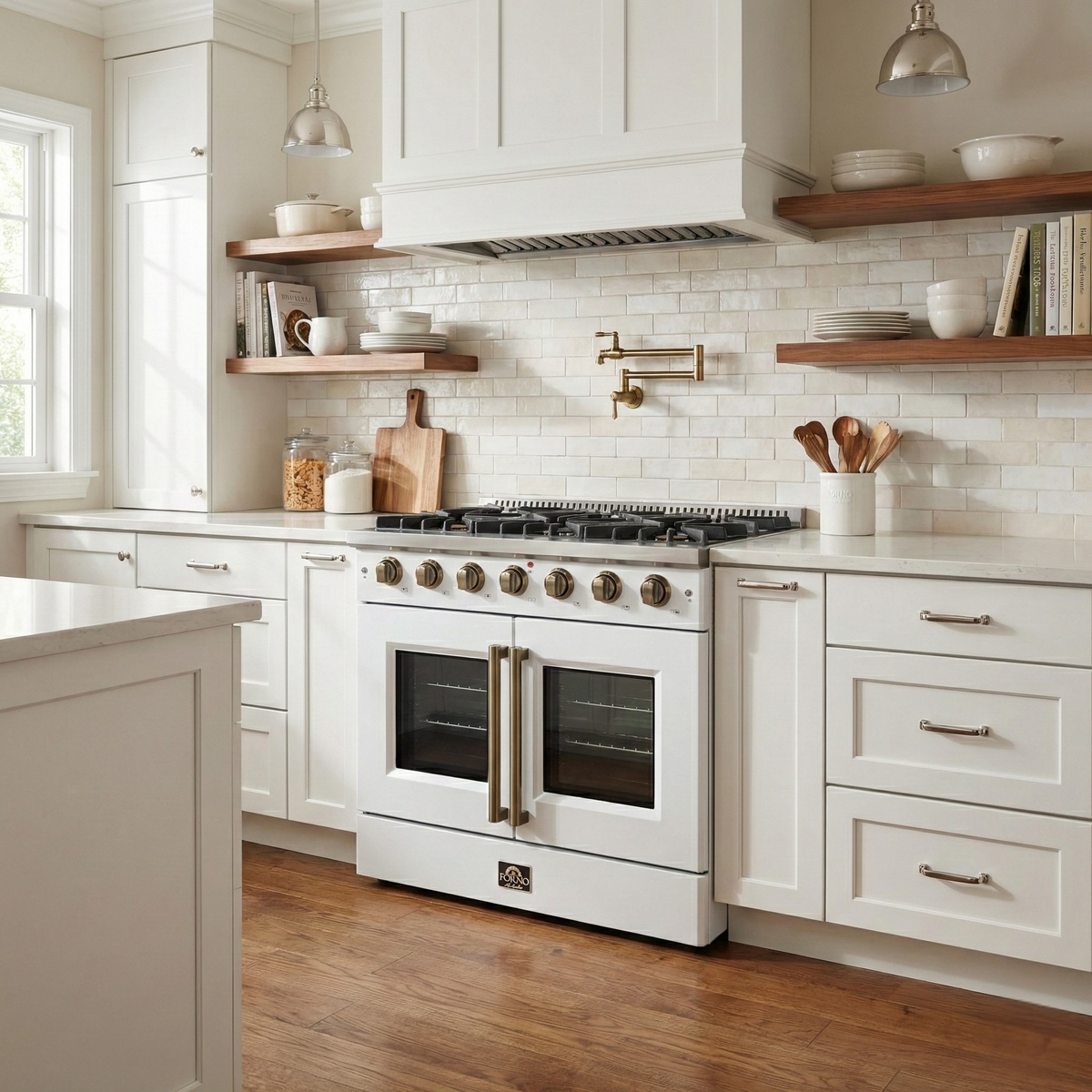 Forno Galiano 36-Inch French Door Gas Range, 5.36 cu. ft. Oven, 6 Sealed Burners, White with Antique Brass Accents (Model FFSGS6444-36WHT)