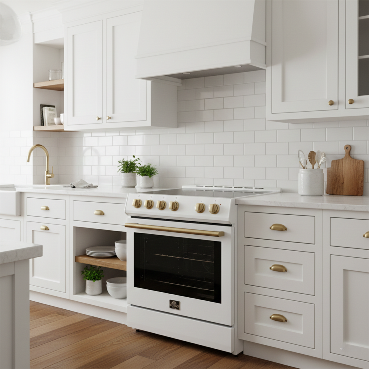 Forno Espresso Leonardo 30-Inch Freestanding Induction Range, 5.0 cu. ft. Oven, Knob Controls, White with Antique Brass Accents (Model FFSIN0982-30WHT)