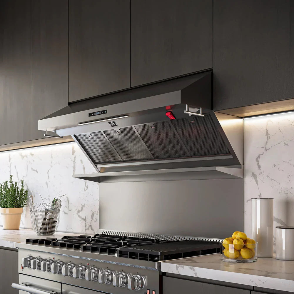 Forno Savona 48-Inch Wall-Mounted Range Hood with Backsplash and Red Warming Light, Stainless Steel – Model FRHWM5029-48HB