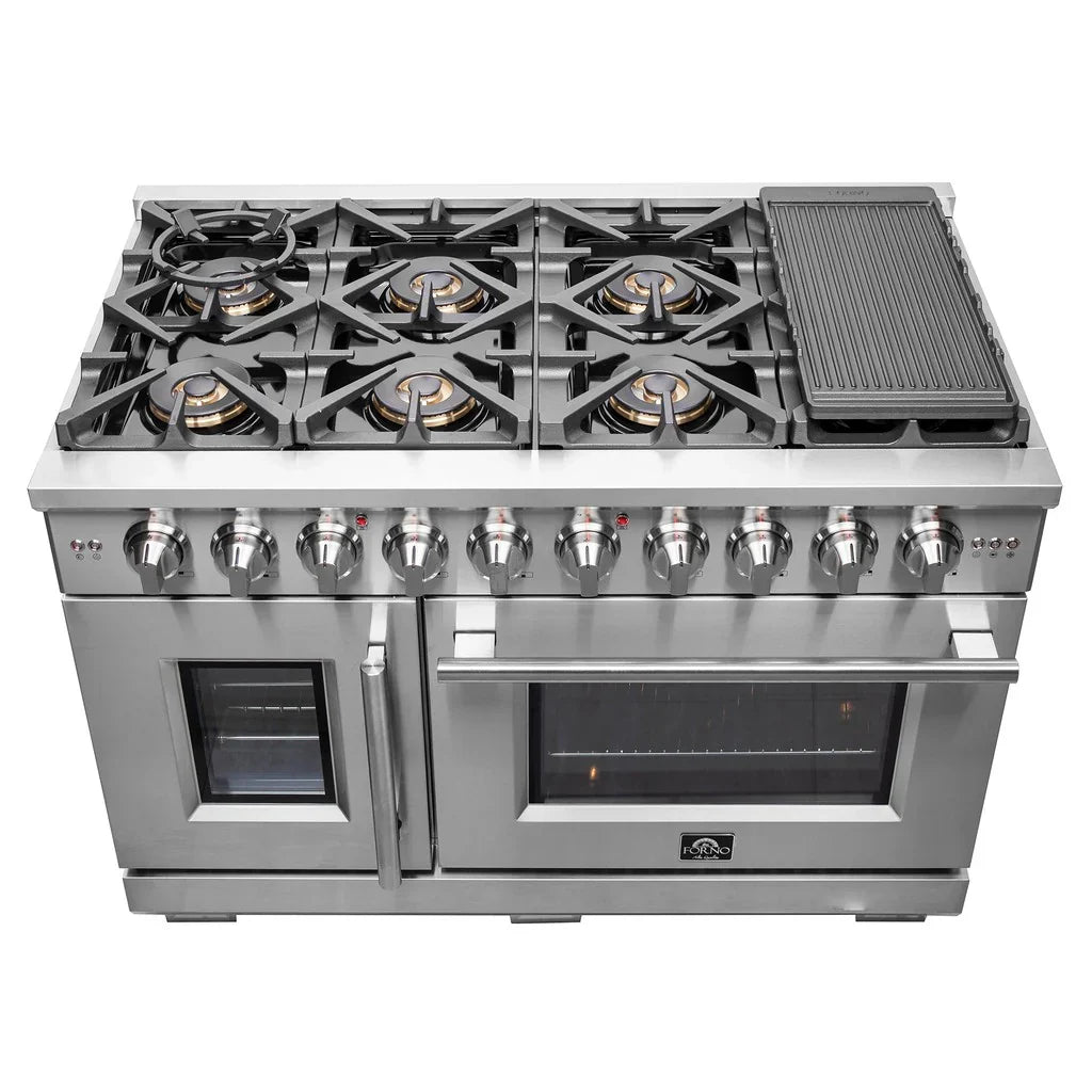 Forno Capriasca 48 in. Freestanding All-Gas Range with Double Oven, 6.58 cu. ft., Stainless Steel (Left Swing Door)