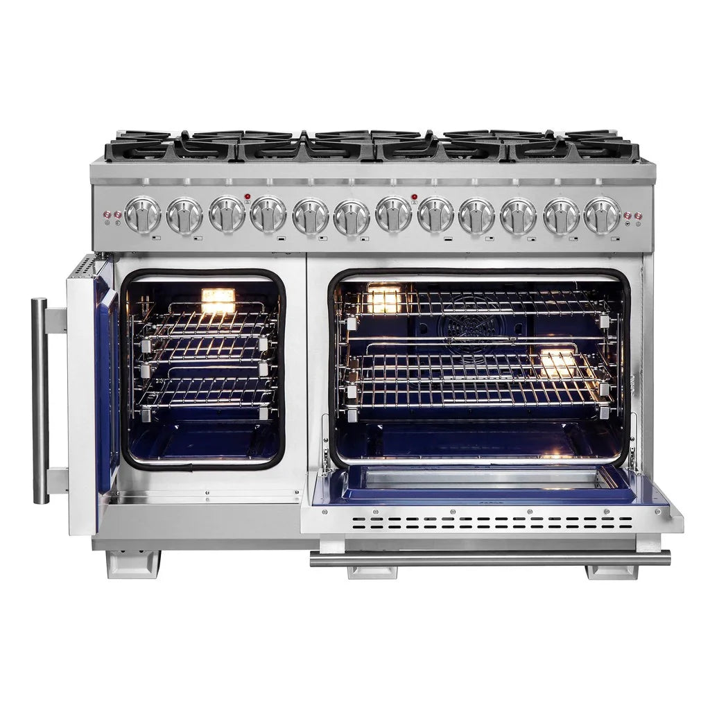Forno Capriasca 48-Inch Freestanding Dual Fuel Range with Gas Cooktop, Double Electric Oven, 6.58 cu. ft., Left-Swing Door, Stainless Steel (FFSGS6387-48)