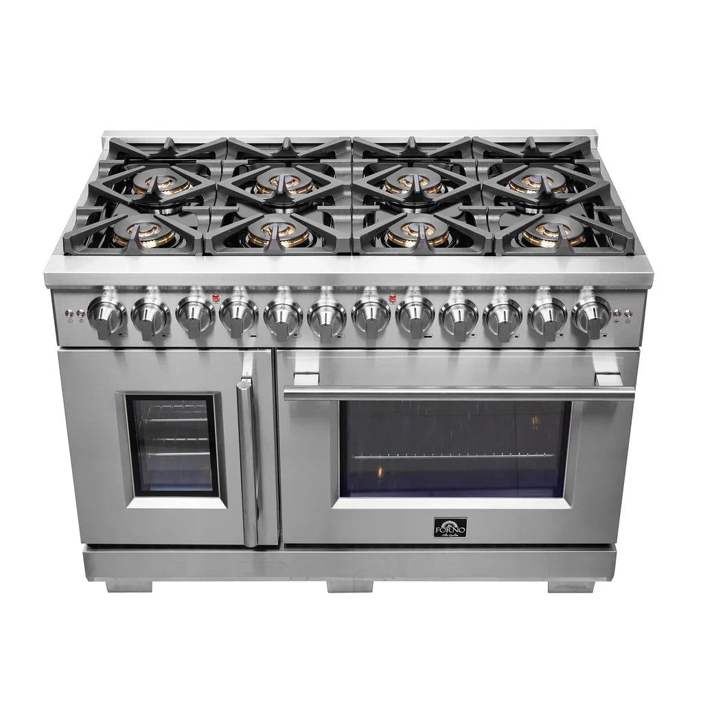 Forno Capriasca 48-Inch Freestanding Dual Fuel Range with Gas Cooktop, Double Electric Oven, 6.58 cu. ft., Left-Swing Door, Stainless Steel (FFSGS6387-48)