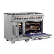 Forno Capriasca 48-Inch Freestanding Dual Fuel Range with Gas Cooktop, Double Electric Oven, 6.58 cu. ft., Left-Swing Door, Stainless Steel (FFSGS6387-48)
