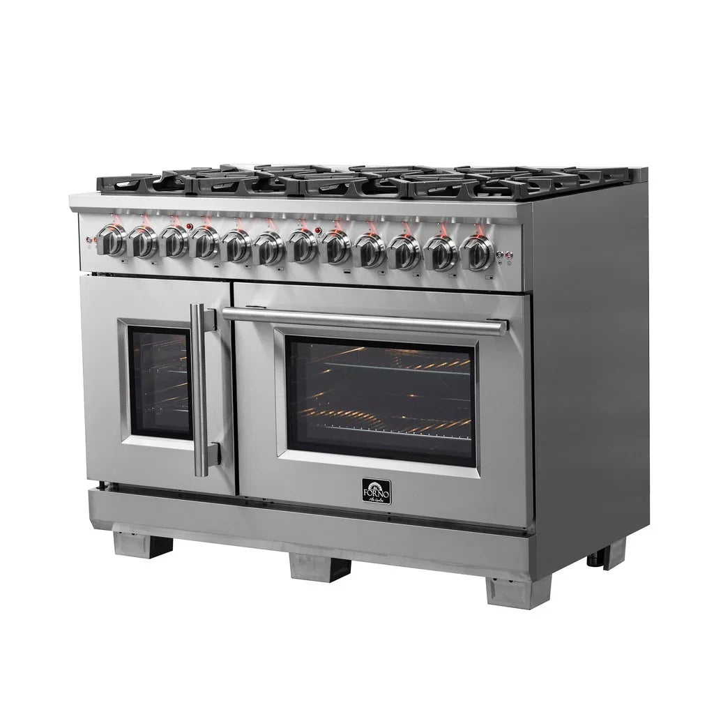 Forno Capriasca 48-Inch Freestanding Dual Fuel Range with Gas Cooktop, Double Electric Oven, 6.58 cu. ft., Left-Swing Door, Stainless Steel (FFSGS6387-48)