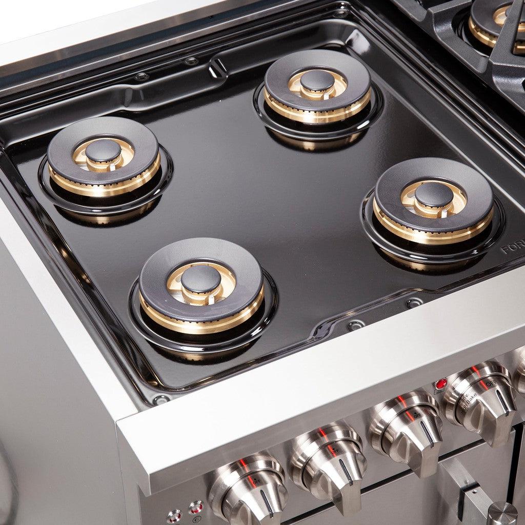 Forno Capriasca 48-Inch Freestanding Dual Fuel Range with Gas Cooktop, Double Electric Oven, 6.58 cu. ft., Left-Swing Door, Stainless Steel (FFSGS6387-48)