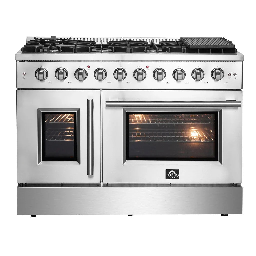 Forno Galiano 48-Inch Freestanding All-Gas Range with Double Oven, 6.58 cu. ft., Left-Swing Door, Stainless Steel (FFSGS6444-48)