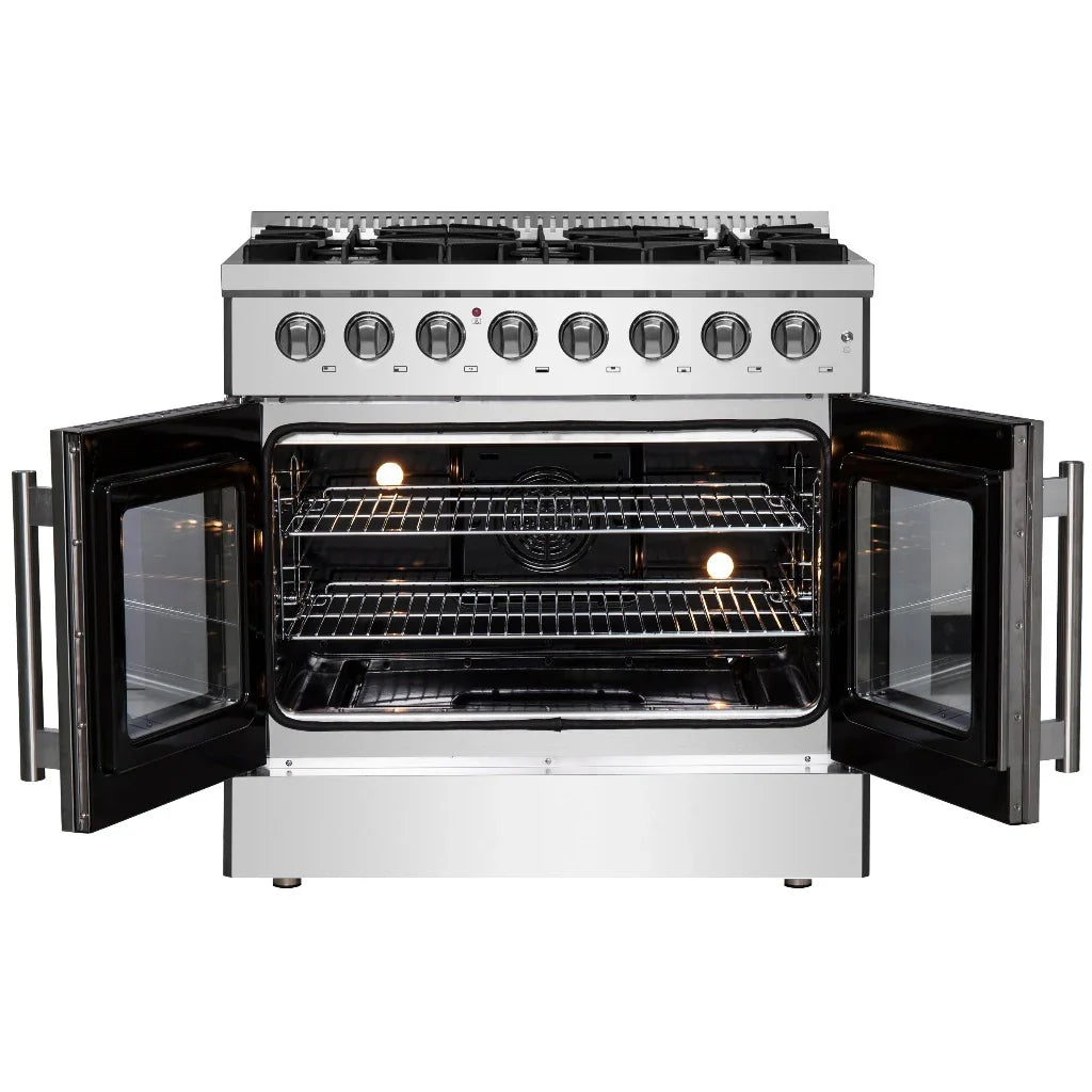 Forno Galiano 36-Inch Freestanding Dual Fuel Range with Gas Cooktop and Electric French Door Oven, 5.36 cu. ft., Stainless Steel (FFSGS6356-36)