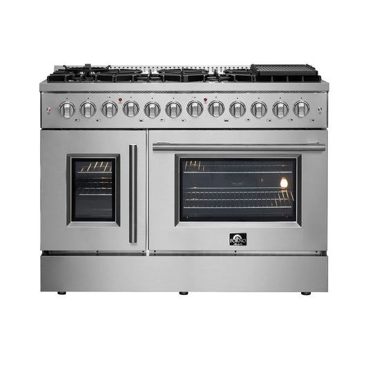 Forno Galiano 48-Inch Freestanding Dual Fuel Range with Gas Cooktop, Double Electric Oven, 6.58 cu. ft., Left Swing Door, Stainless Steel (FFSGS6356-48)