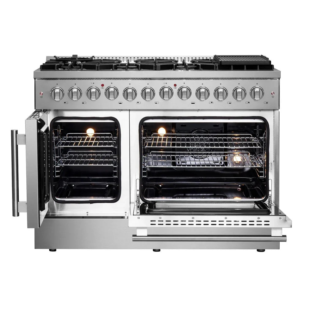 Forno Galiano 48-Inch Freestanding Dual Fuel Range with Gas Cooktop, Double Electric Oven, 6.58 cu. ft., Left Swing Door, Stainless Steel (FFSGS6356-48)