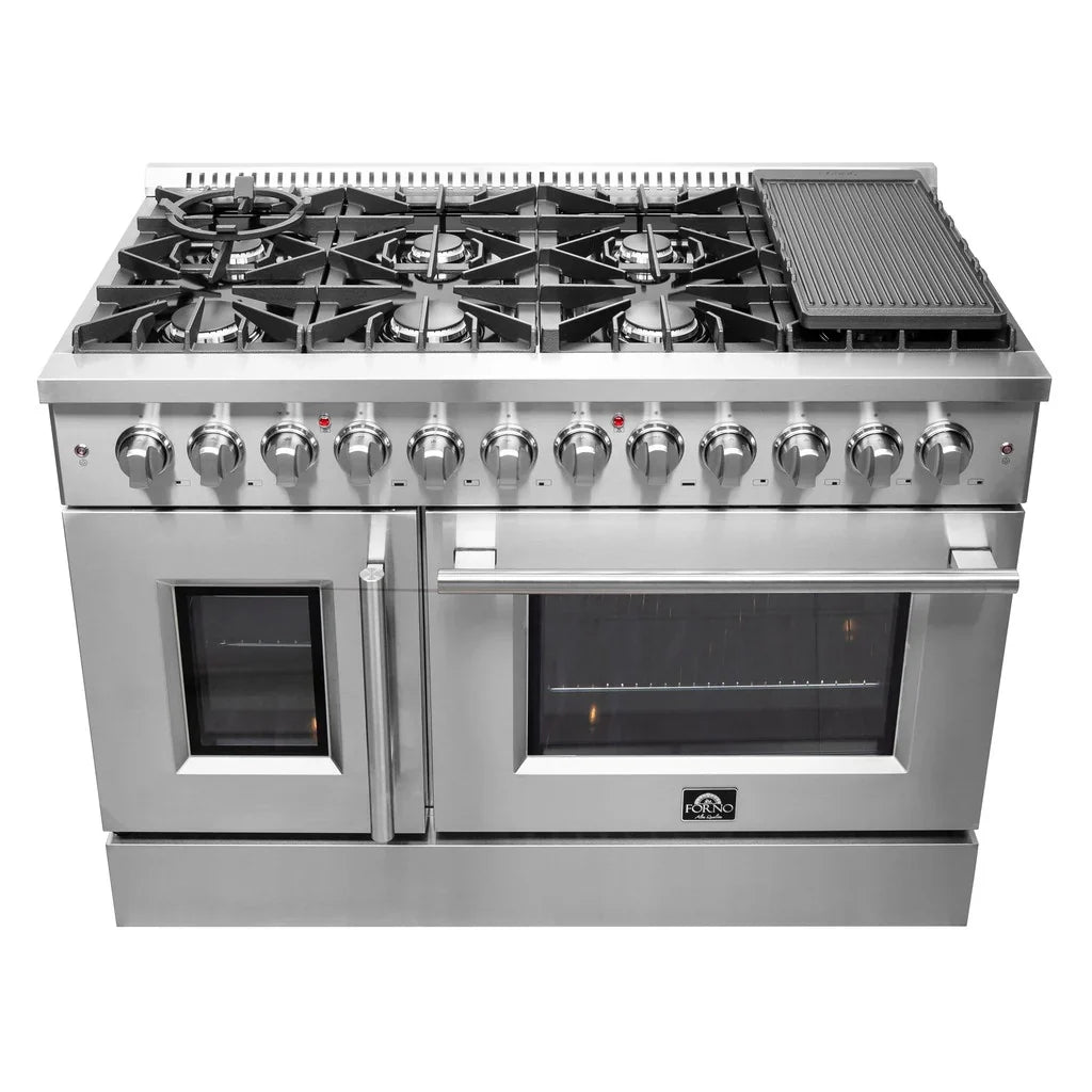 Forno Galiano 48-Inch Freestanding Dual Fuel Range with Gas Cooktop, Double Electric Oven, 6.58 cu. ft., Left Swing Door, Stainless Steel (FFSGS6356-48)
