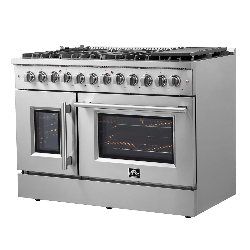 Forno Galiano 48-Inch Freestanding Dual Fuel Range with Gas Cooktop, Double Electric Oven, 6.58 cu. ft., Left Swing Door, Stainless Steel (FFSGS6356-48)