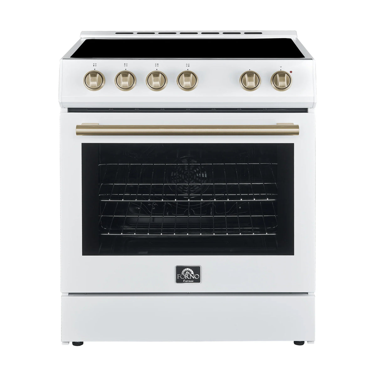 Forno Leonardo Espresso 30-Inch Electric Range, 5.0 cu. ft., White, Antique Brass Handles (Model FFSEL6012-30WHT)