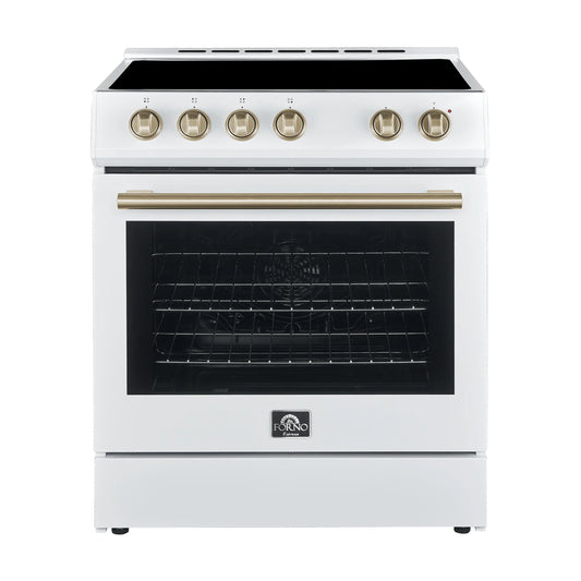 Forno Leonardo Espresso 30-Inch Electric Range, 5.0 cu. ft., White, Antique Brass Handles (Model FFSEL6012-30WHT)