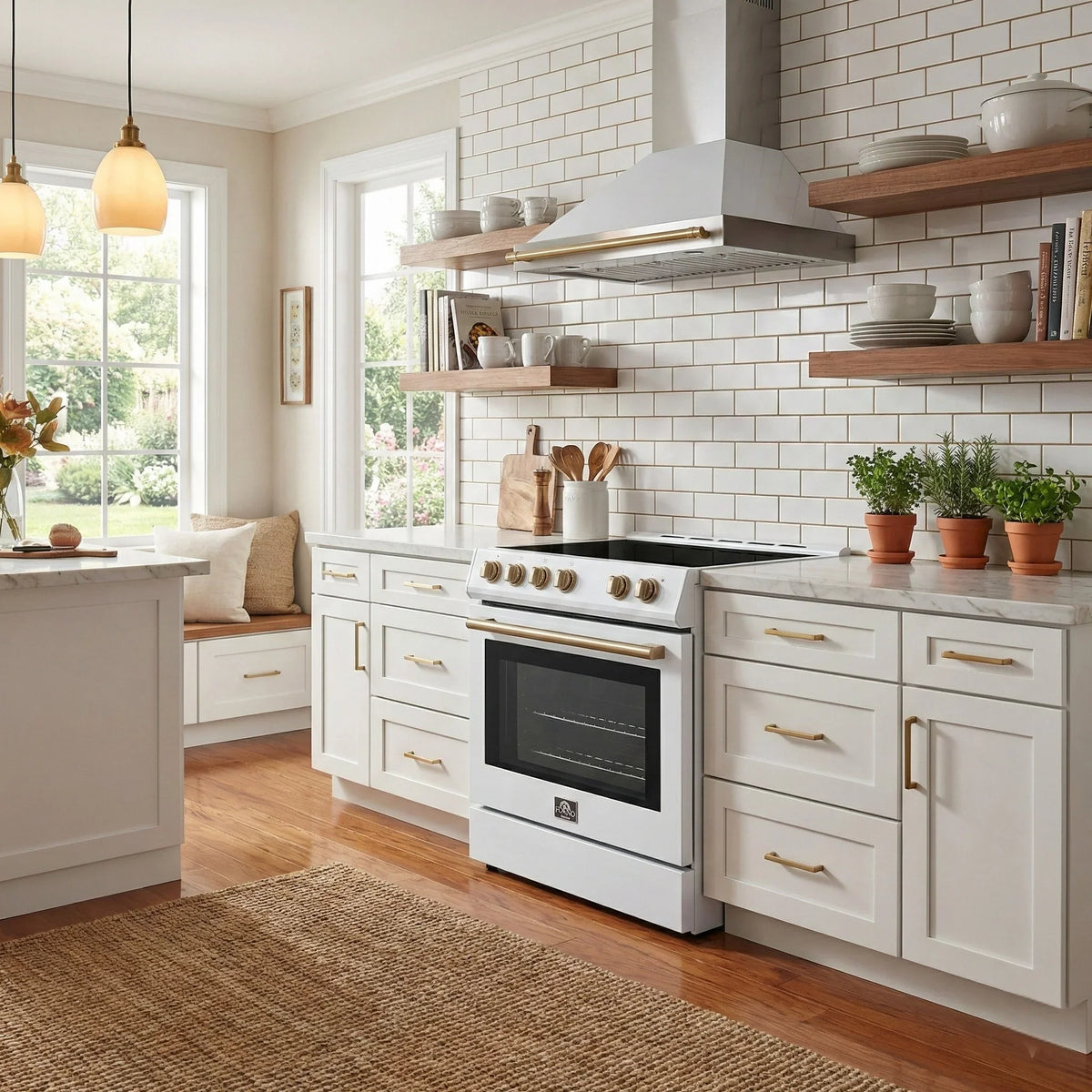 Forno Leonardo Espresso 30-Inch Electric Range, 5.0 cu. ft., White, Antique Brass Handles (Model FFSEL6012-30WHT)